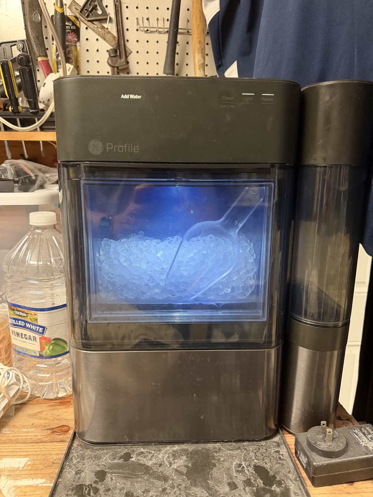 GE Profile Opal 2.0 nugget ice maker with side tank, bin full of ice